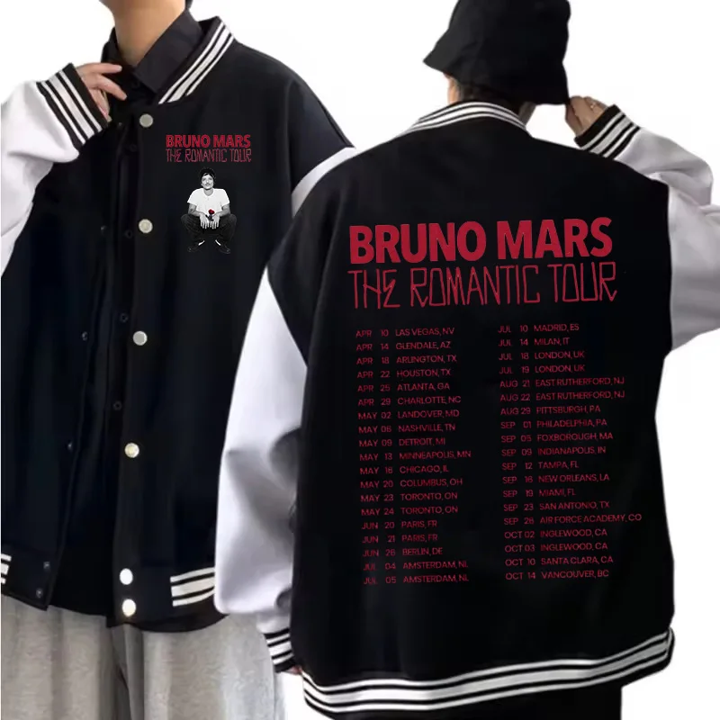 

Куртка-бомбер Bruno Mars The Romantic Tour 2026 для женщин и мужчин, осенняя бейсбольная куртка, модная уличная одежда для студентов и подростков