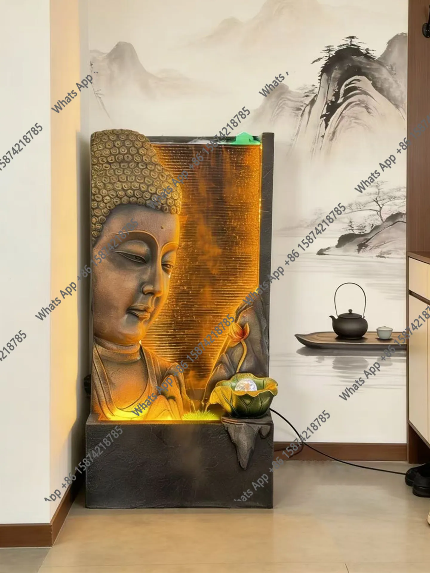 Buddha statue water curtain wall flowing water ornament Buddha head decoration landscaping floor