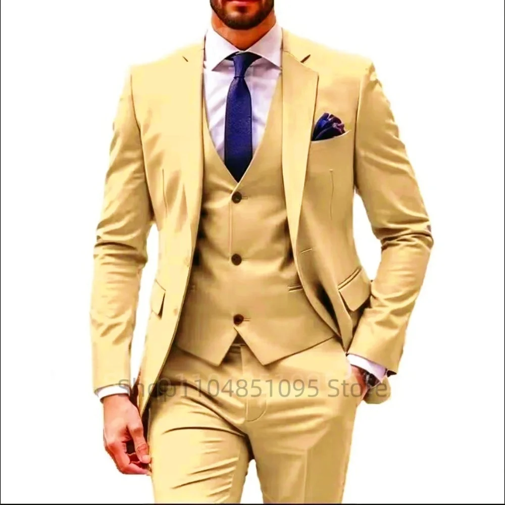 

Wedding 3 Piece Jacket Pants Vest Full Set Single Breasted Notch Lapel Blazer Brown Male Clothing Business Men's Suits