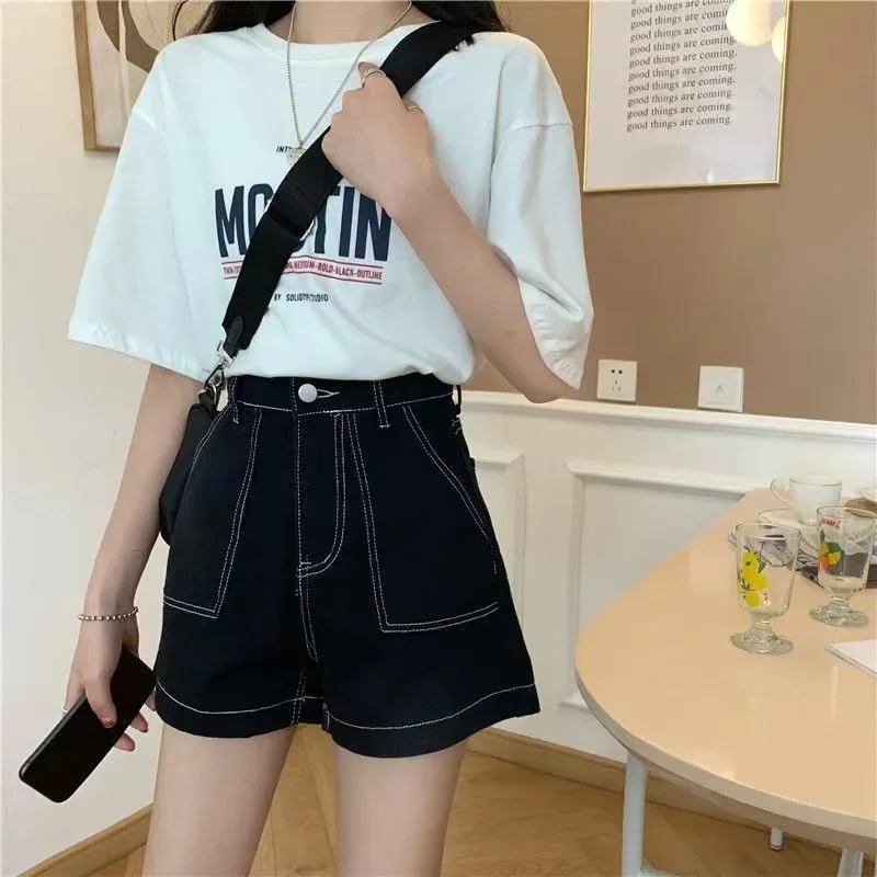 New Women Black Stitches High Waist Denim Shorts Summer Fashion Solid Colors Jeans Shorts All-Match Preppy Style Chi Girls Wears