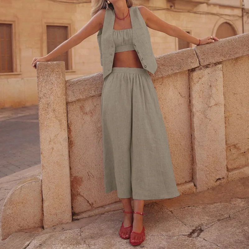 

Women's Cotton Vest Set Summer 2025 New Sleeveless Top Slings Vest Skirt Three-piece Club Clothing Vestidos