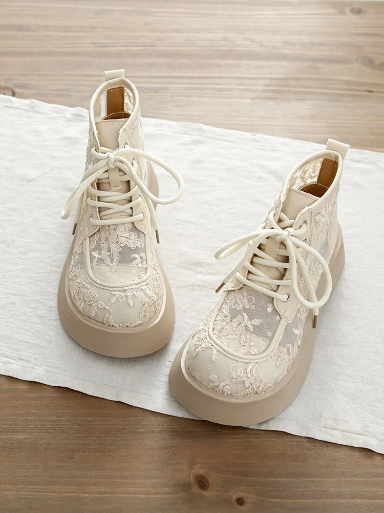 

Artistic Lace Hollow out Breathable High Top Women's Sandals Fashionable Mesh Slip-On Comfortable Rubber Sole round Toe