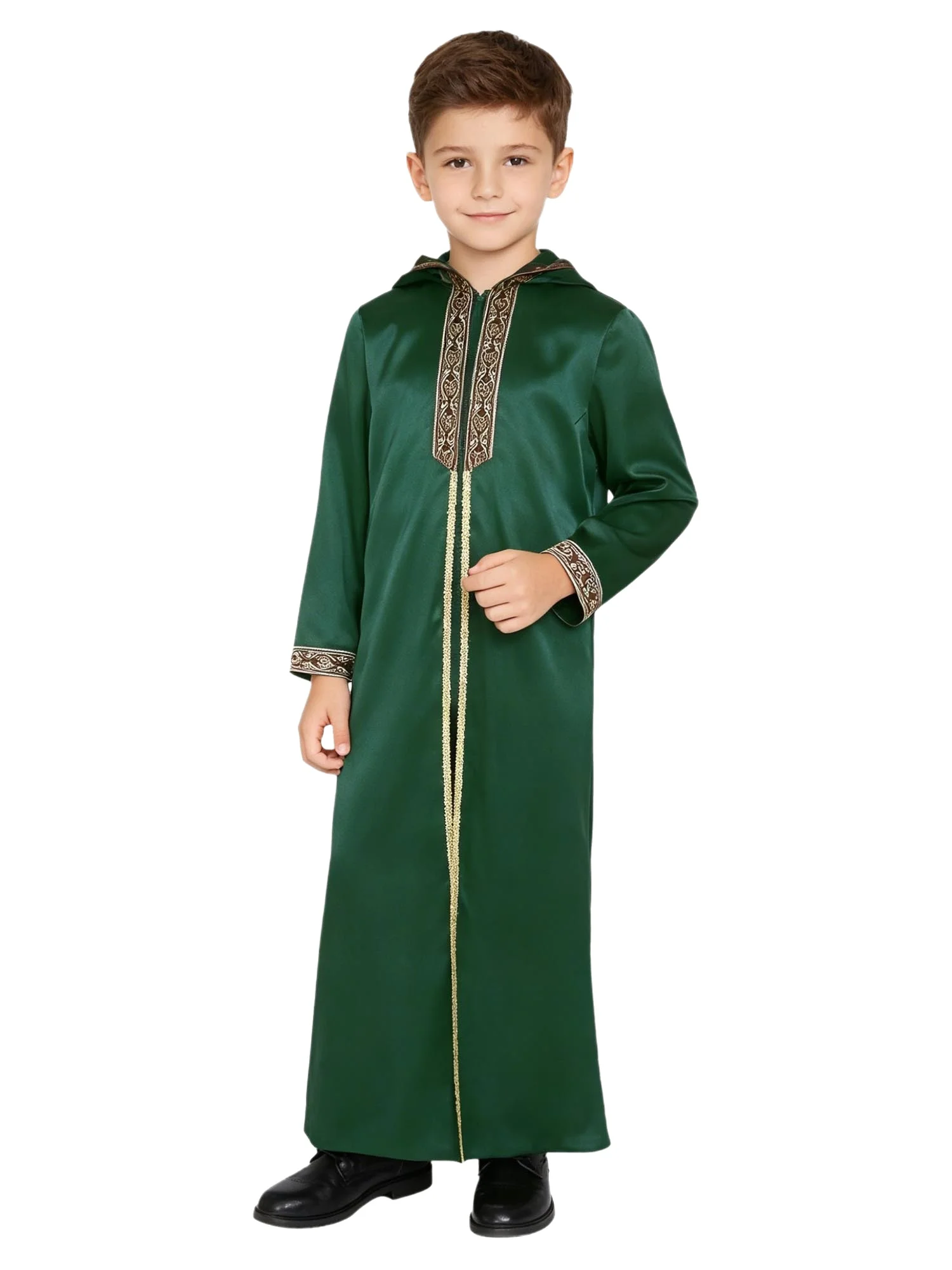 Jubah Muslim Anak Laki-laki Arab Berkerudung Lengan Panjang Resleting Bordir Emas Pita Kepang Kostum Ramadhan
