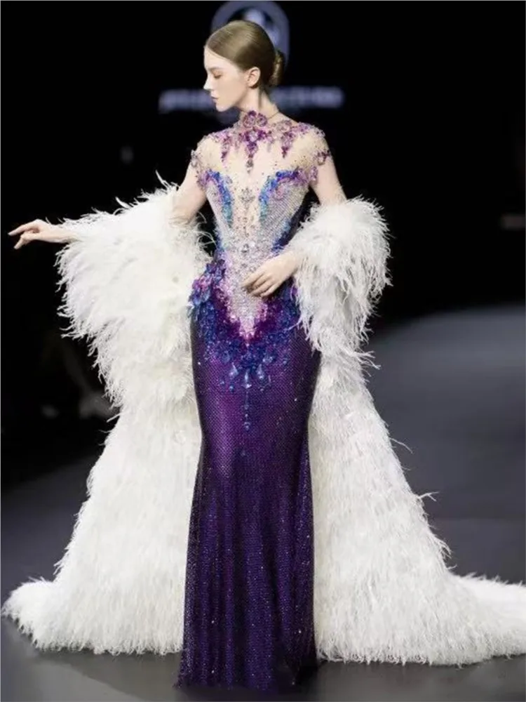 Purple heavy Industry Haute couture light luxury niche fishtail toasting party banquet host dress