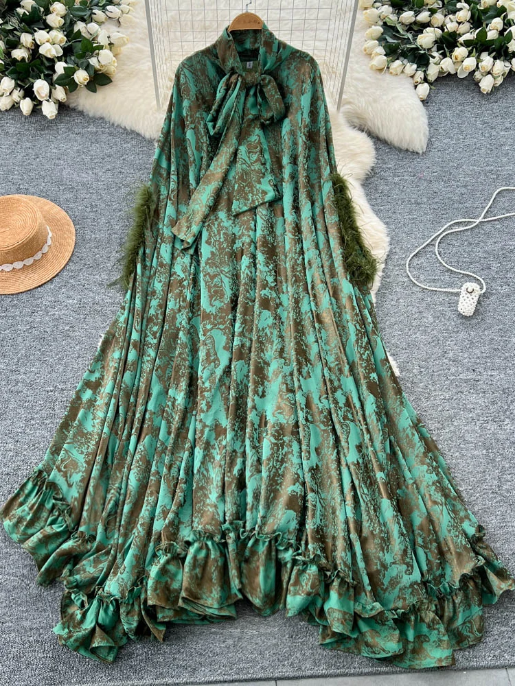 Faionable Large Print Dr Women's Lazy High-End Feeling  Knot Tie Fur Patchwork Cover up Print Long Dr