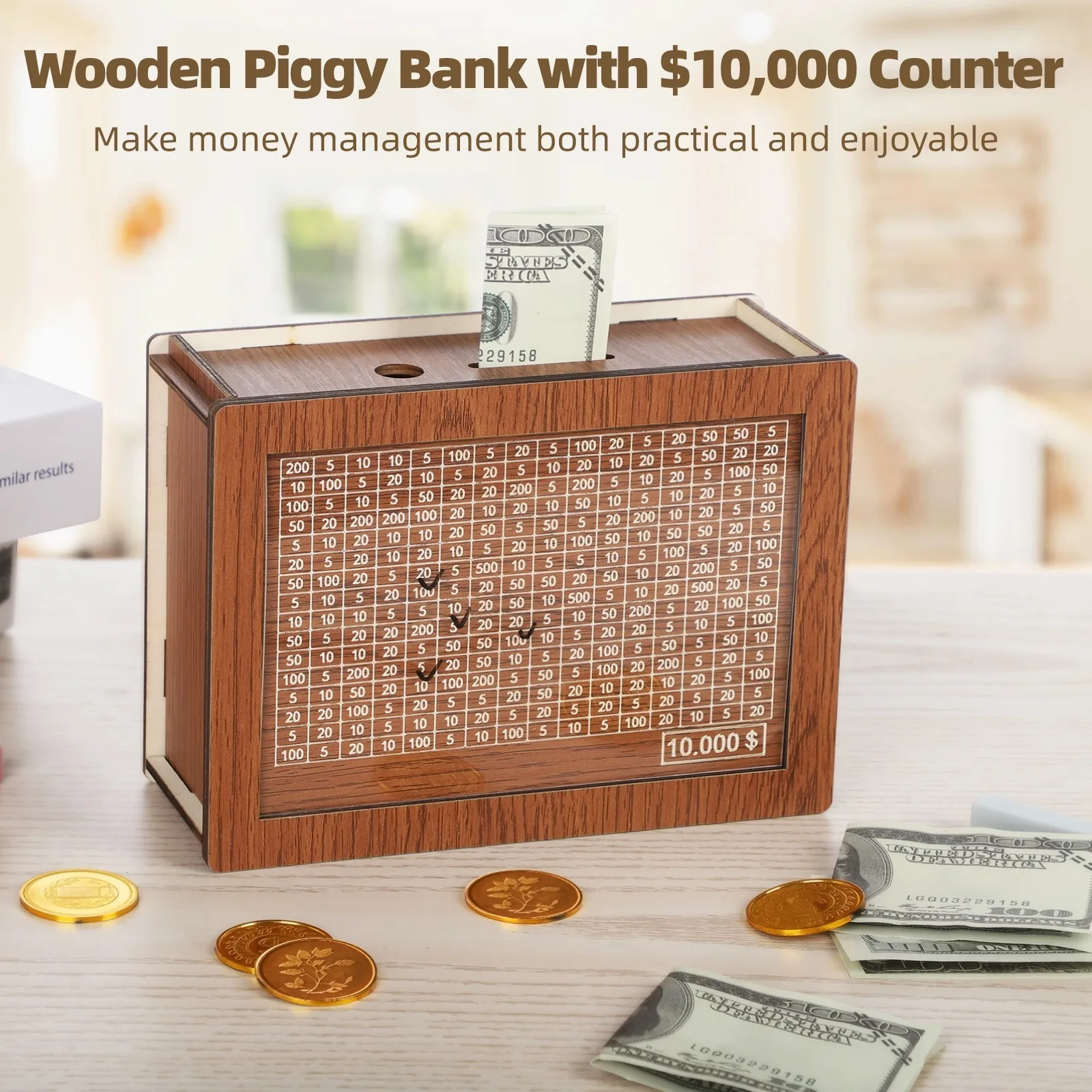 Adults Piggy Bank With Counter Save Towards $10,000 Goal Wooden Money Box For Cash Coins Ideal Money Saving Solution For Adults