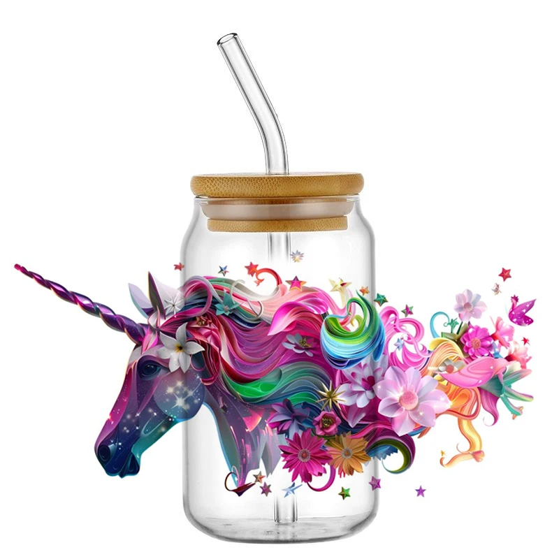 Unicorn 16OZ UV DTF Cup Wraps Transfer Sticker for Glass Libbey Can Bottle Selfadhesive Washable DIY Custom Mug Sticker