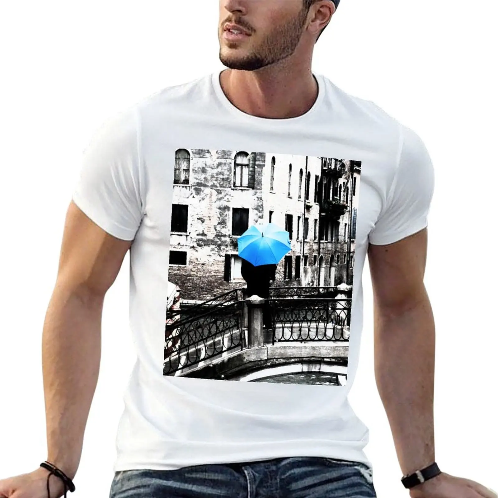 

Blue Umbrella in Venice T-Shirt man t shirt designer cotton t shirts man 100% t shirt custom print T-shirt