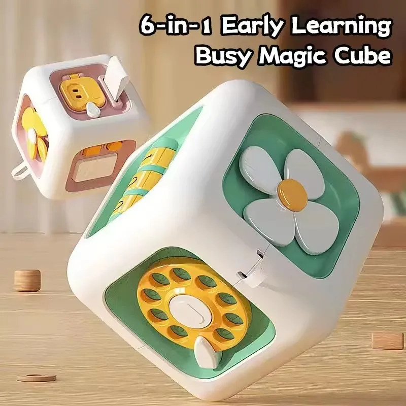 Montessori Activity Cube Baby Toys 6 in 1 Multipurpose Busy Cube Toddler Travel Toy Sensory Busy Board Educational Learning Toys