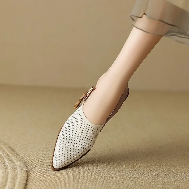 Knitted Mesh Breathable Hollow Out Sandals Women  New Fashion Pointed Thick Heel Sandals Shoes for Women Sandalias2024