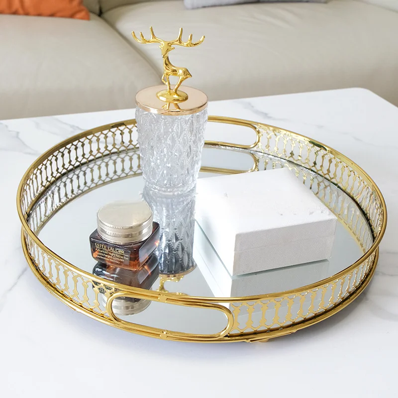 Light Luxury Glass Mirror Tray Metal Storage Living Room Coffee Table Water Cup Tea Tray Model Room Decoration Fruit Plate