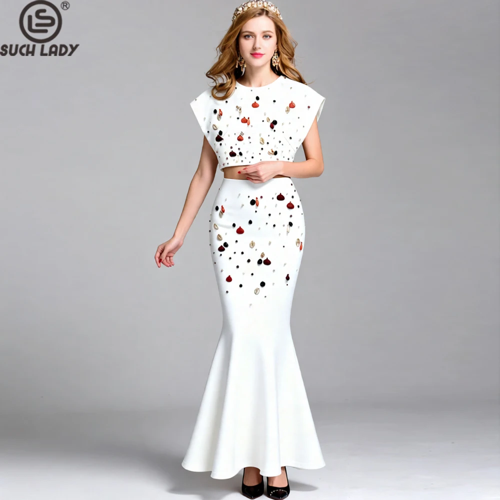 Women's White Short Sleeve Crop Top & Mermaid Maxi Skirt 2 Piece Set - Elegant Shell Beaded 3D Embellished Suit