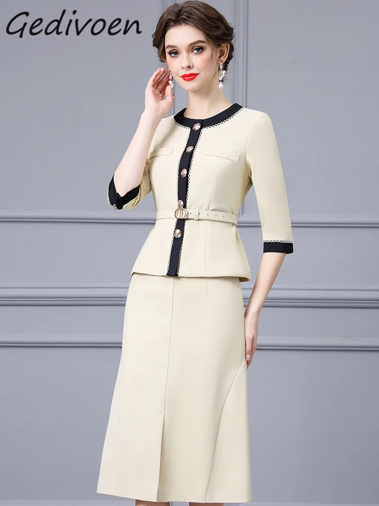 Gedivoen Winter Fashion Designer Beige Vintage Skirt Set Women O Neck Button Sashes Slim Coat+A-LINE Slit Long Skirt 2 Piece Set