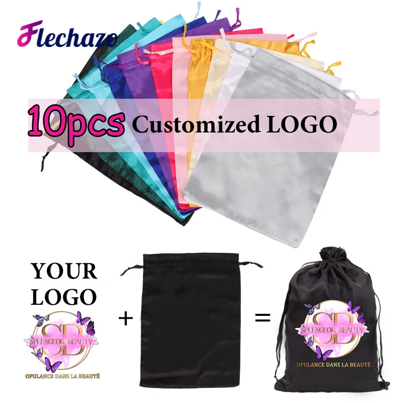 Embalagem de cabelo com logotipo, saco de cetim personalizado, armazenamento para várias perucas, sacos de seda macia para pacotes, uso doméstico e salão de beleza 10pcs