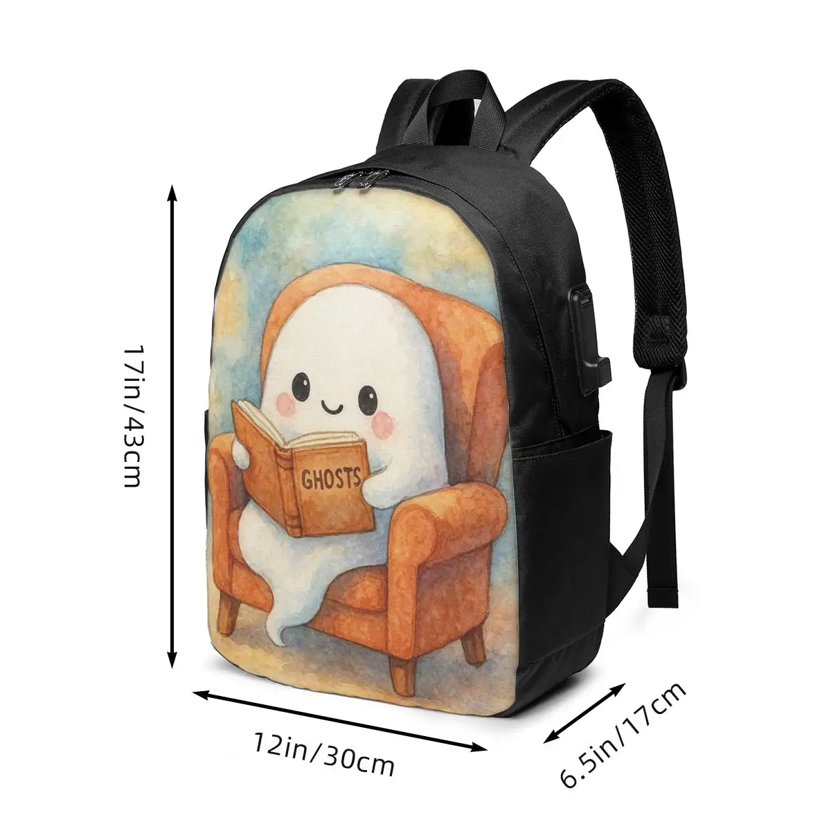 Cute Ghost Reading Books Design Backpack Travel Notebook Bag Computer College Student School Bag Laptop Shoulder Bags Men Women