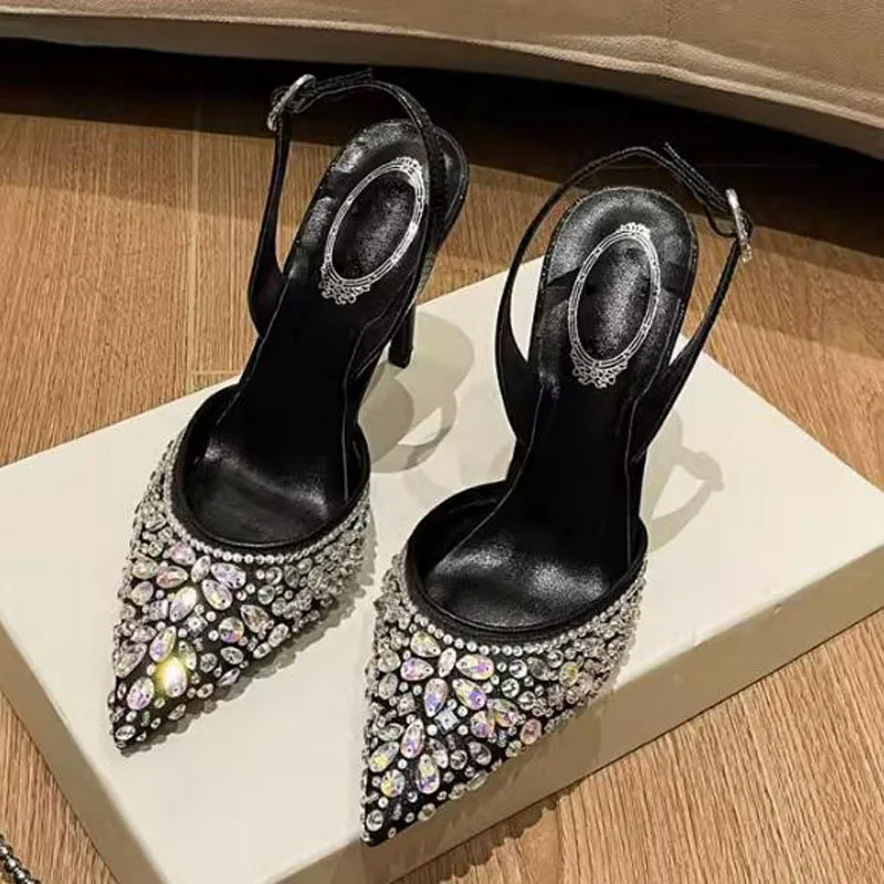 Laser Rhinestone Pointed toe Sandals Thin High-Heeled Pointed Toe Crystal Buckle Back Strap Zapatos Party Woman Summer Shoes