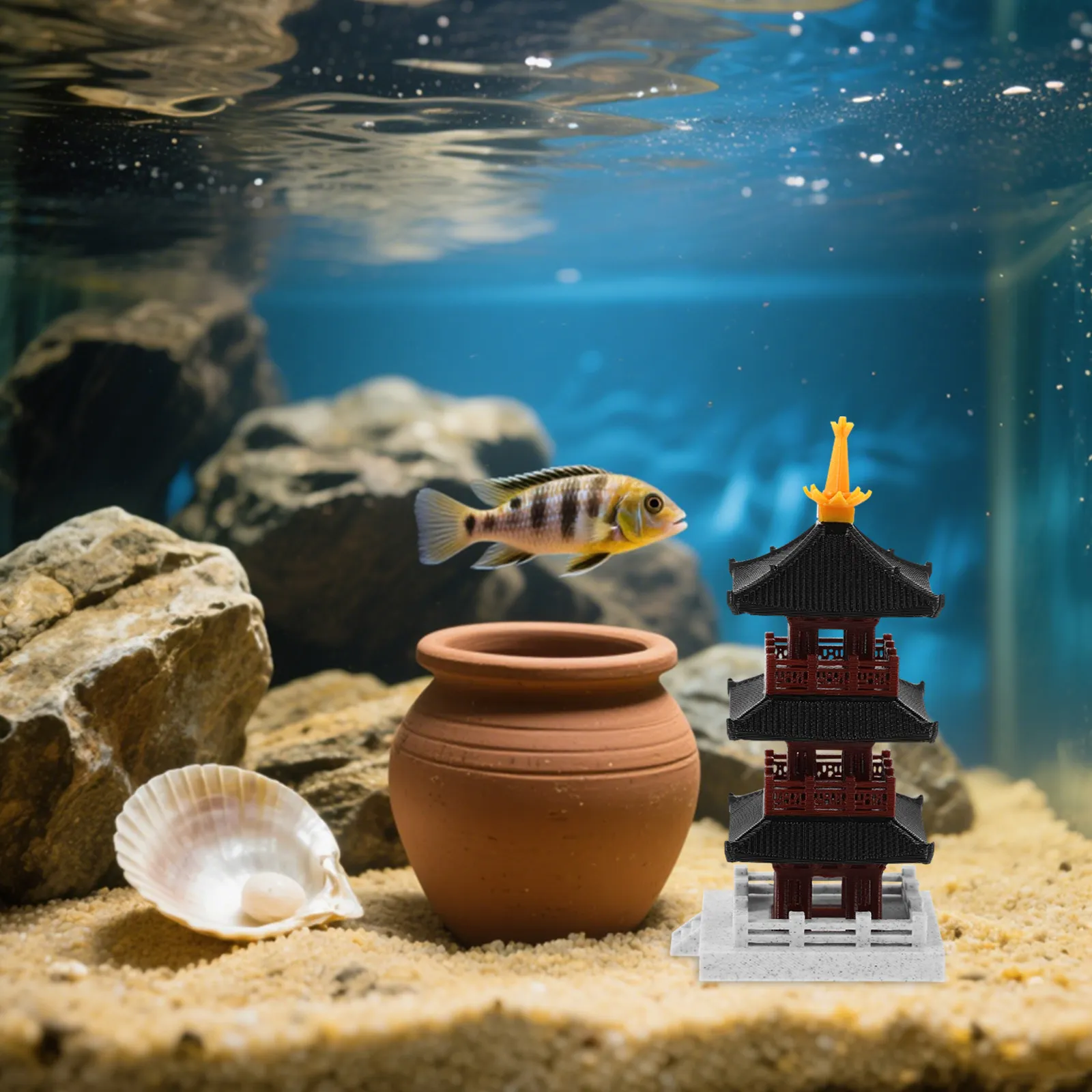 2Pcs Chinese Ancient Tower Ornament Vintage Miniature Pavilion Aquarium Decor Fish Tank Asian Home Study Living Room Bonsai