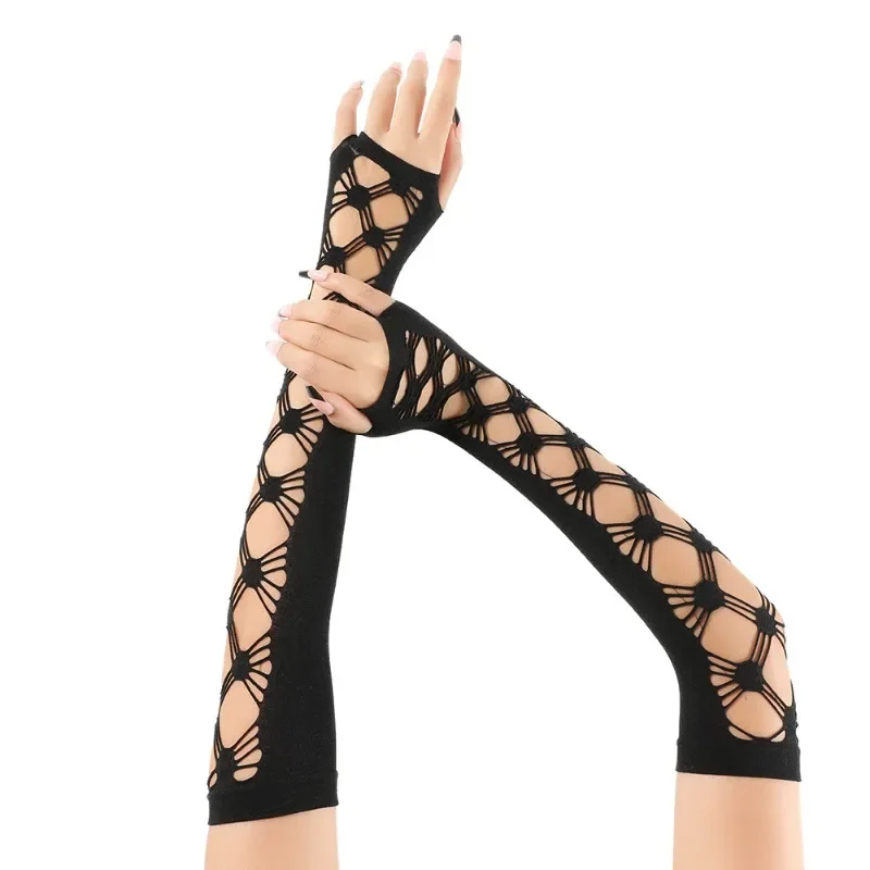 女性肘長パンク手袋弾性指なし手袋タッチスクリーンミトンカットアウトクロスメッシュ手袋コスプレパーティー衣装