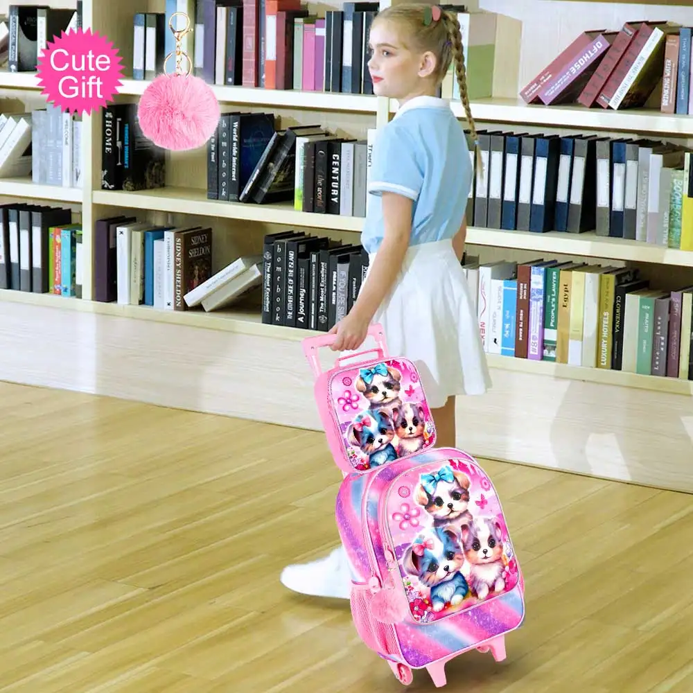 3Pcs Girls Cute Puppy Print Rolling Backpack Set, Wheeled School Bag with Handbag & Pencil Case for Kids Students