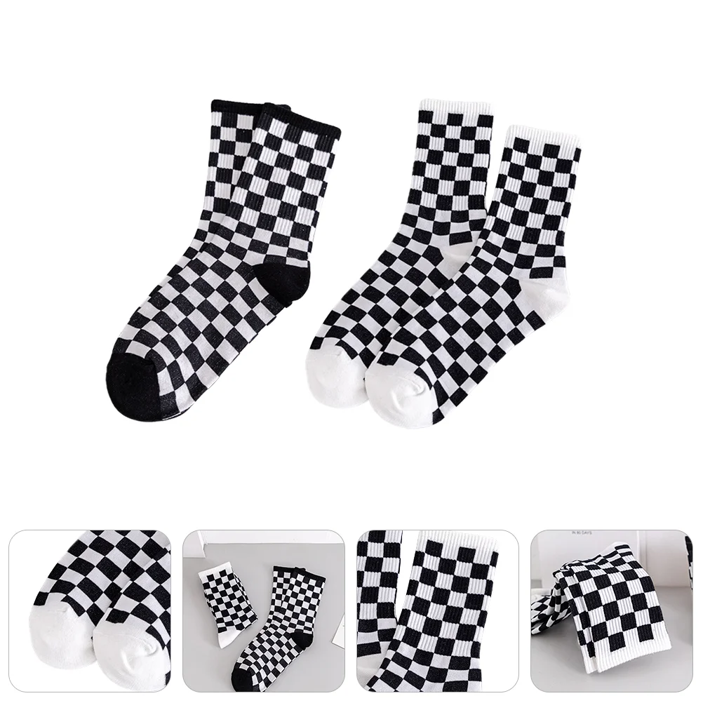 2 Pairs Black and White Plaid Socks Pure Cotton Japanese Style Tube Warm All Season Leisure Ordinary