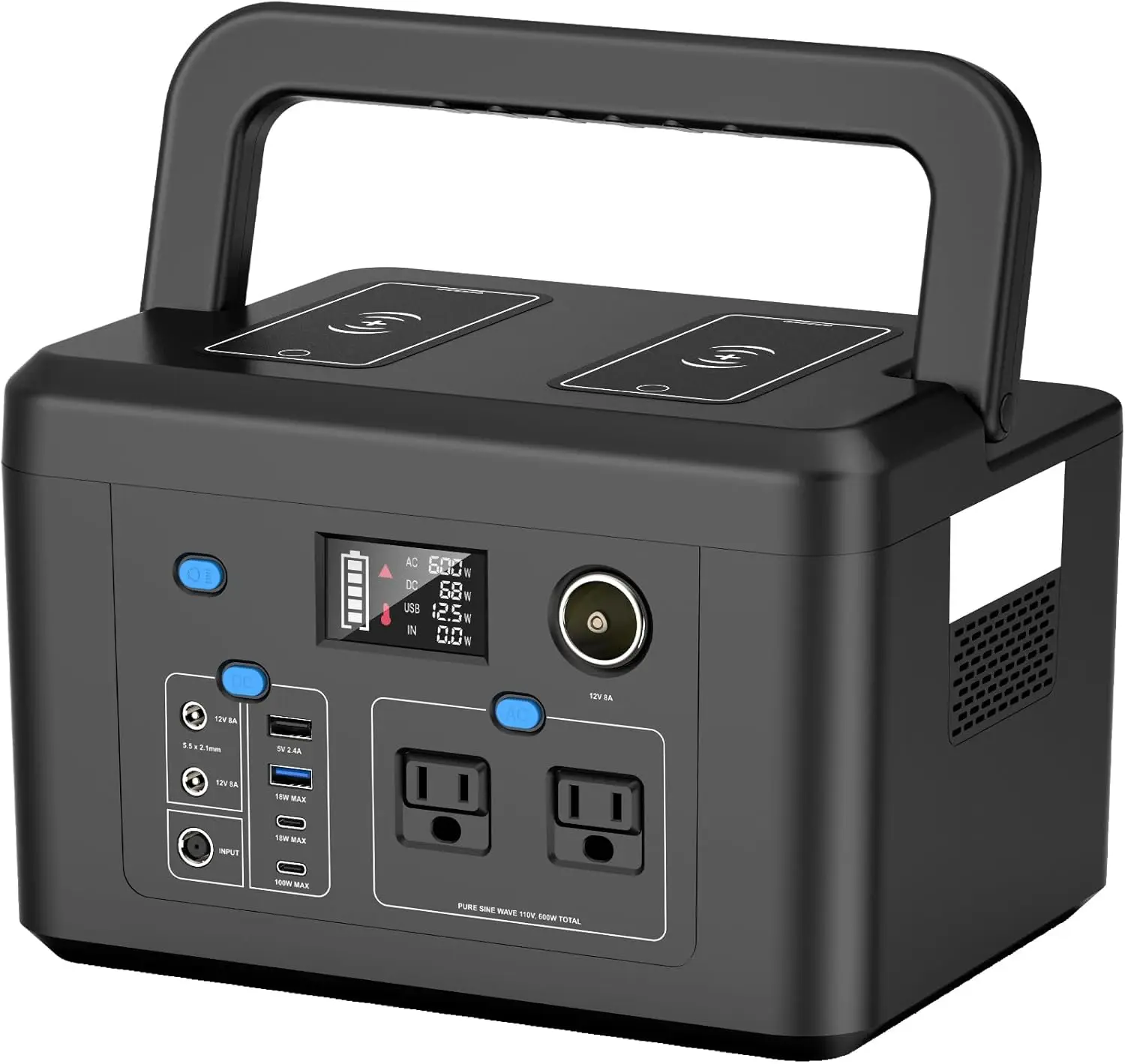 

Portable Power Station 600W, Powkey 296Wh Battery Backup with 2 Pure Sine Wave AC Outlets, USB-C PD100W and 2 Wireless Chargers