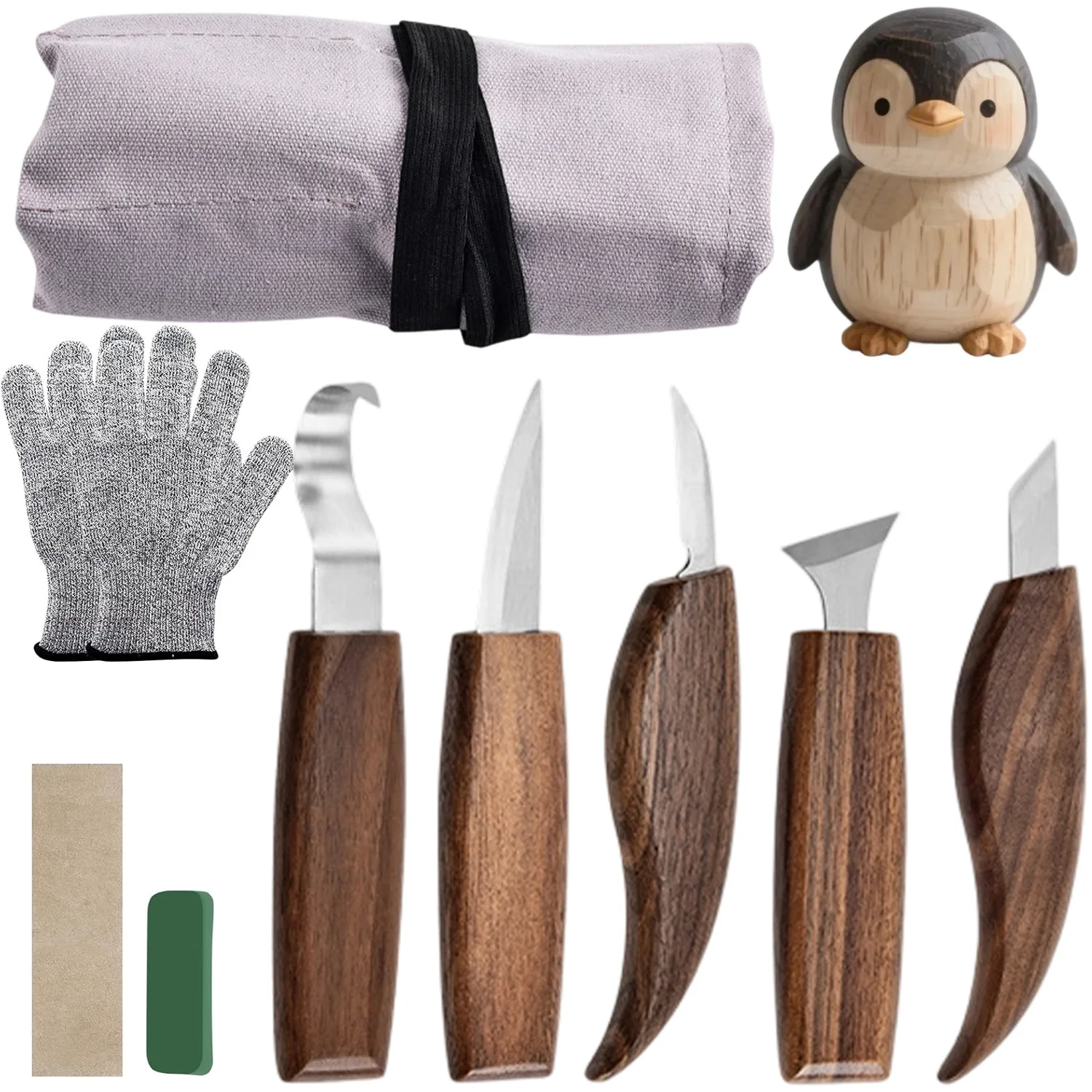 All-in-One Holzschnitzwerkzeug-Set, bestehend aus 5 Schnitzmessern, Polierstreifen, Polierpaste und tragbarer Aufbewahrungstasche für handgefertigte Skulpturen.