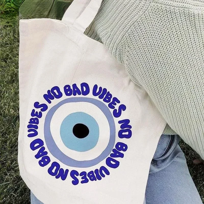 Women Casual Shopping Canvas Bag Storage  Student Bookbag Shoulder Bag Tote Handbag Turkish Blue Evil Eye Large Capacity