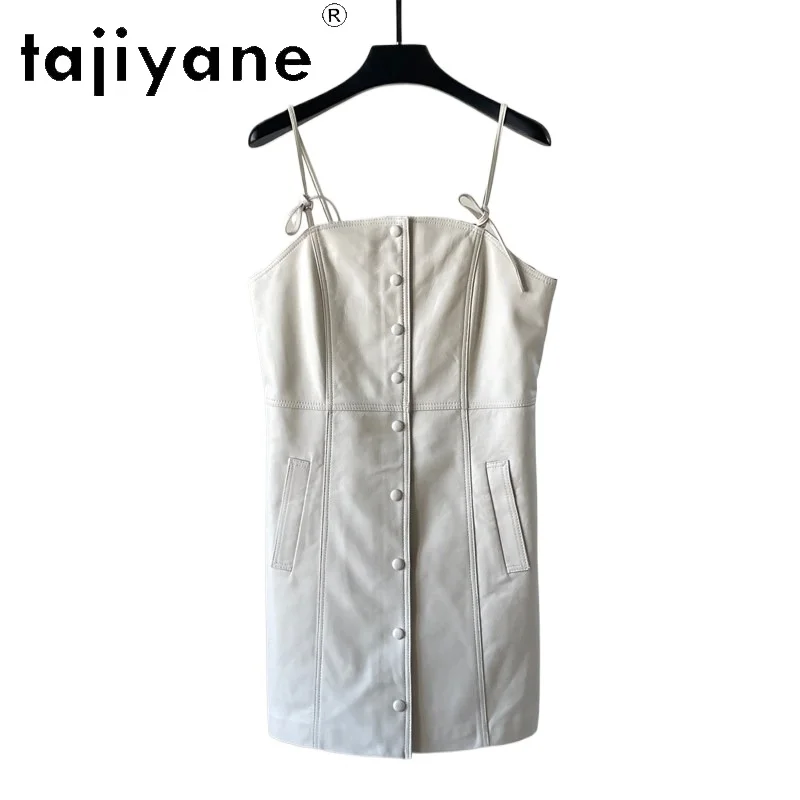 

TAJIYANE Real Leather Dress Sheepskin Dress for Woman Mid-length Women Dresses Slash Neck Bodycon Dress Sleeveless Chic Платье