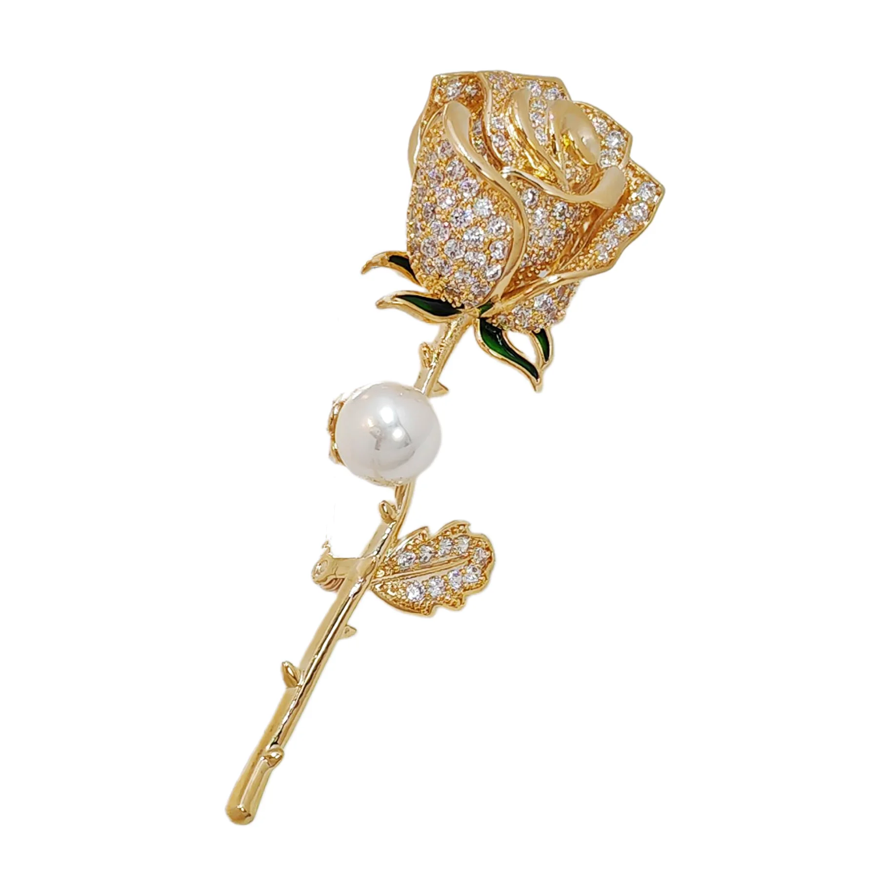 

Romance Long Stem Golden Zircon Rose Bud Brooch Pin Gift Jewelry