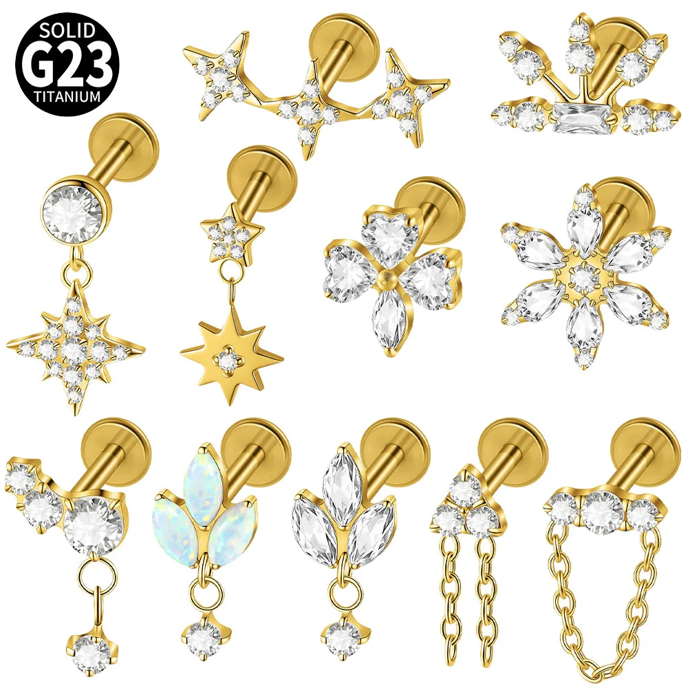 1PC G23 Titanium Zircon Multi-Style Dangle Earrings Internal Thread Ear Tragus Helix Cartilage Labret Stud Body Piercing Jewelry