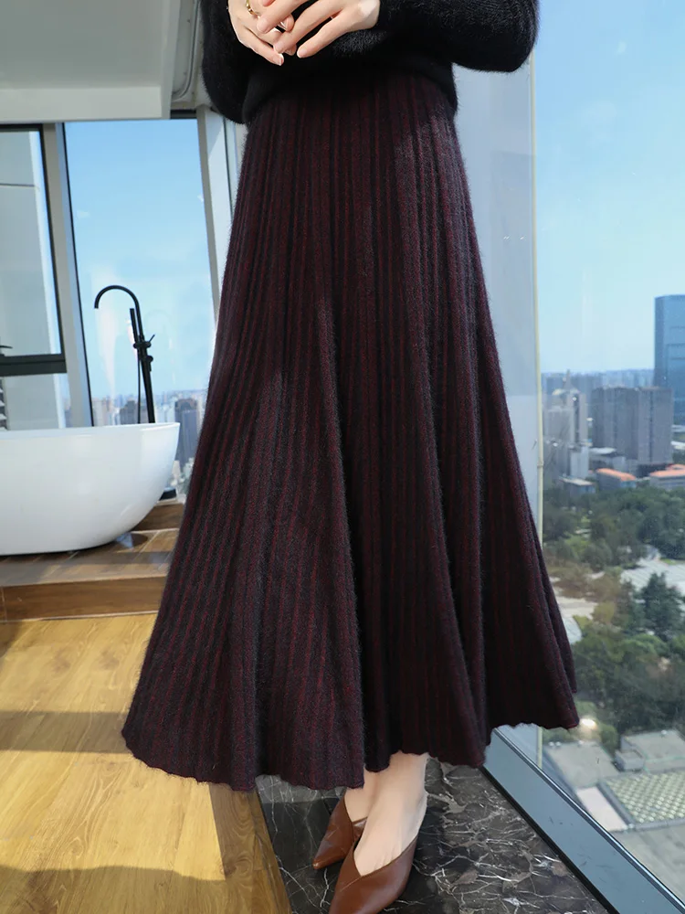 100% Mink Cashmere Half Skirt Women Big Swing A-Skirt Elastic High Waist Thick Long Skirts Autumn New Large Size Umbrella Skirt