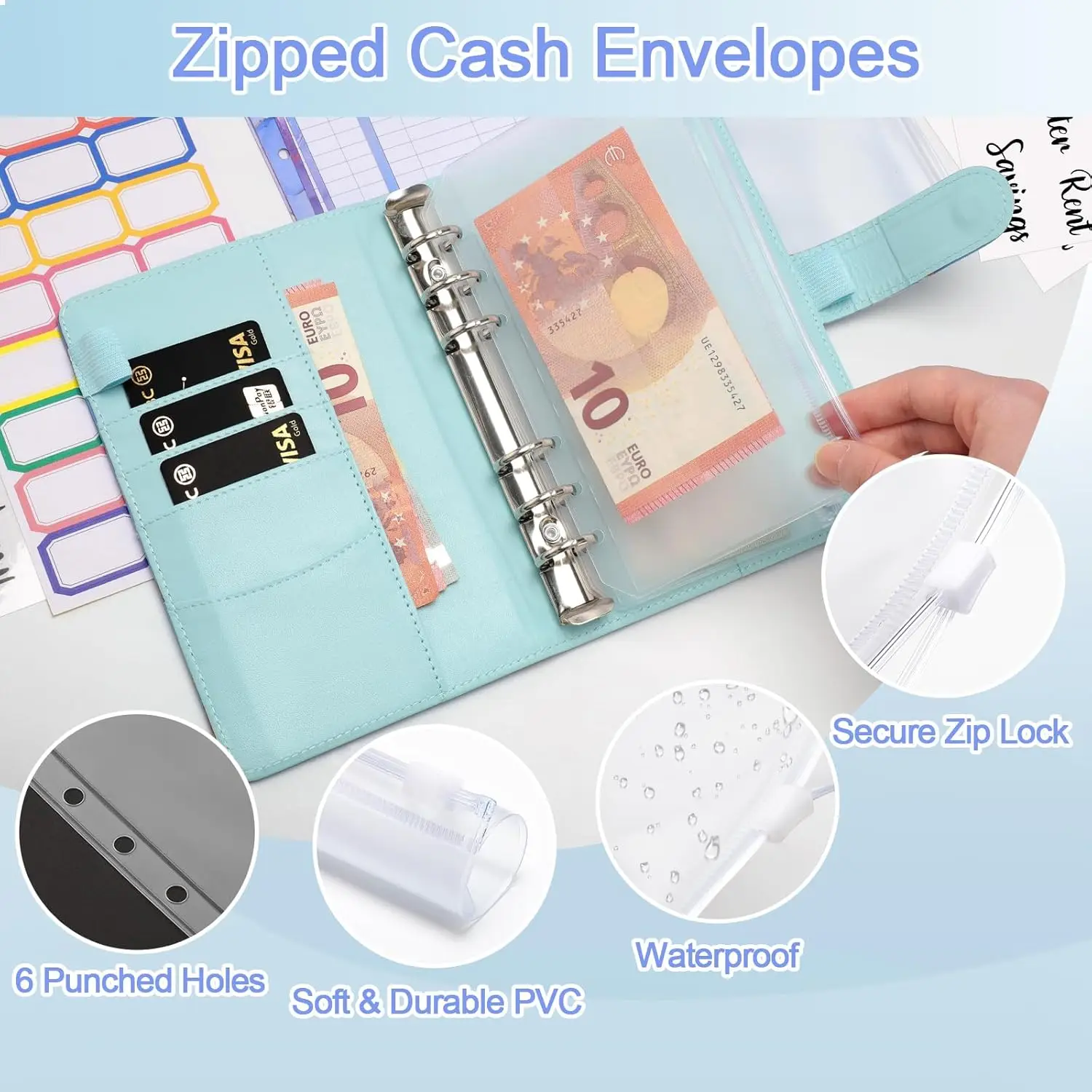 Money Saving Binder A6 Budget Planner with Cash Zipper Envelopes Cash Envelopes for Budgeting Budget Binder for Managing Finance