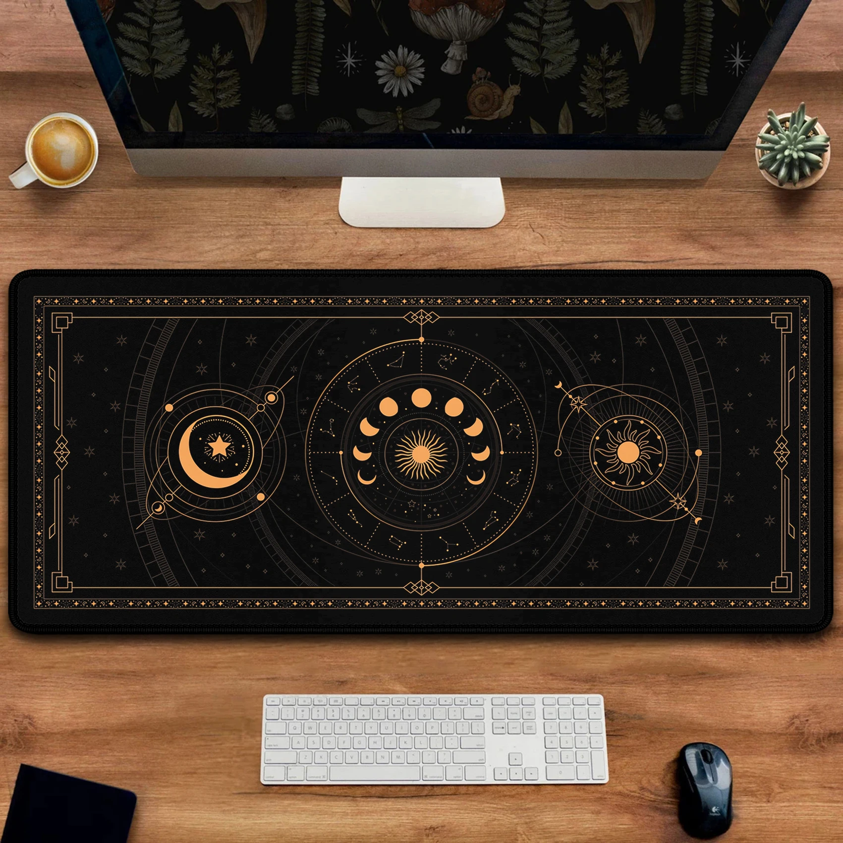 Celestial Mousepad Astrology Moon Phase Cycle In Black And Gold Stars In Space Horoscope Zodiac Desk Mat Mystical Mouse Pads