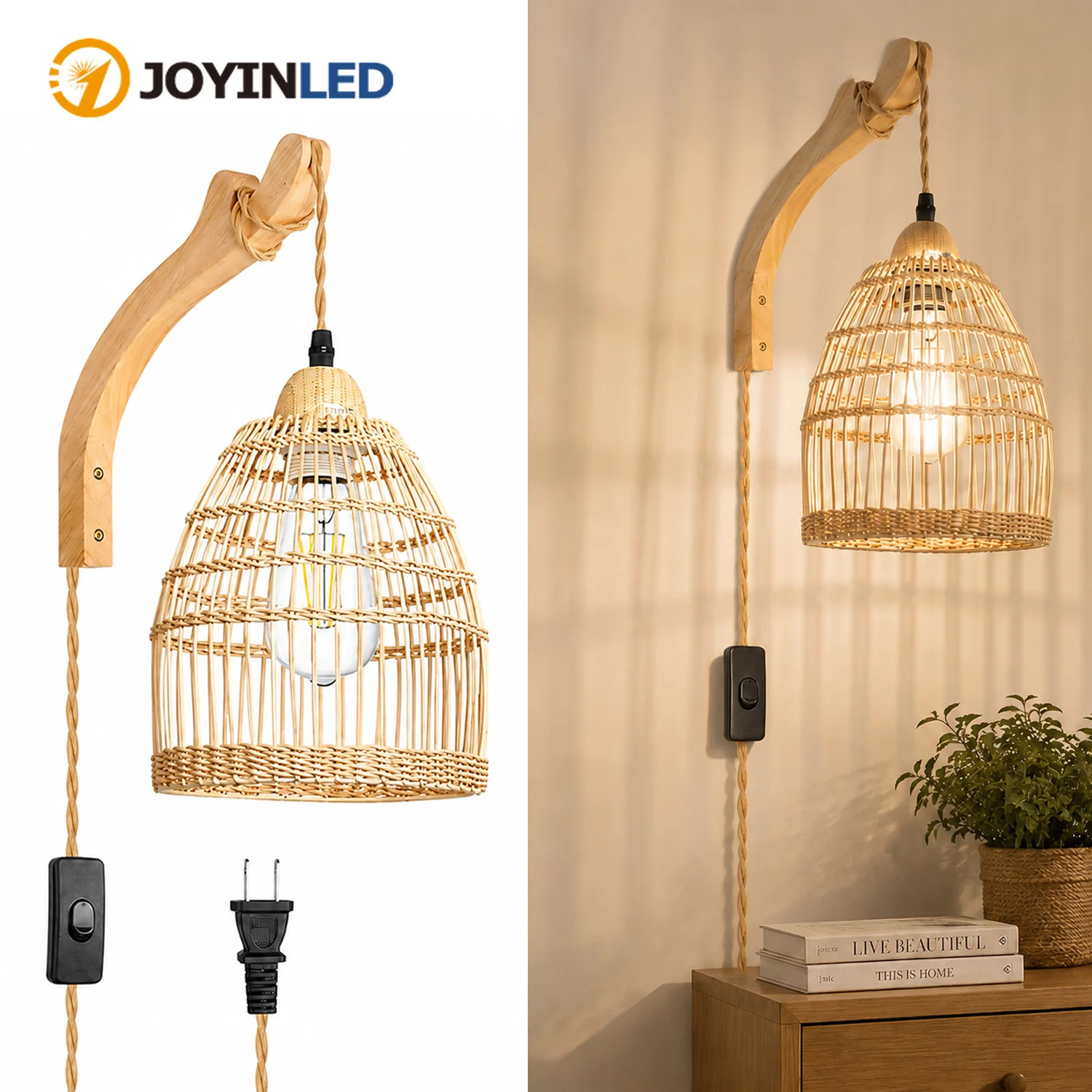 joyinled-プラグインウォールスコンス、籐製ウィッカーウォールランプ手編みボヘミアンウォールライト、3mコード付き、農家風素朴な寝室用