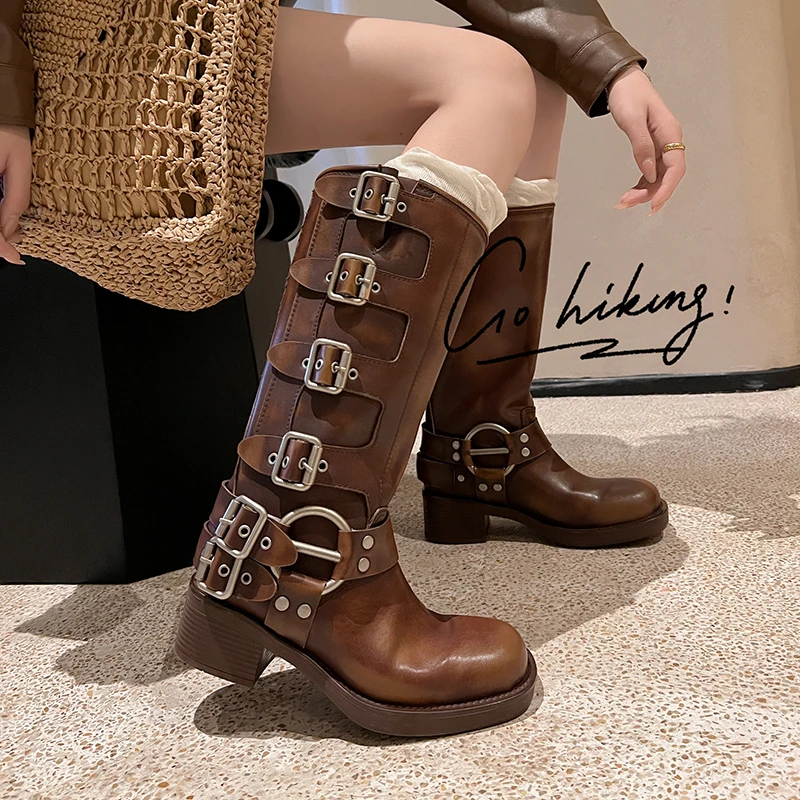 Genuine Leather Woman Boots Knee High Platform Trend Punk Gothic New Rock Leather Fashion Women's Shoes Motorcycle Footwear