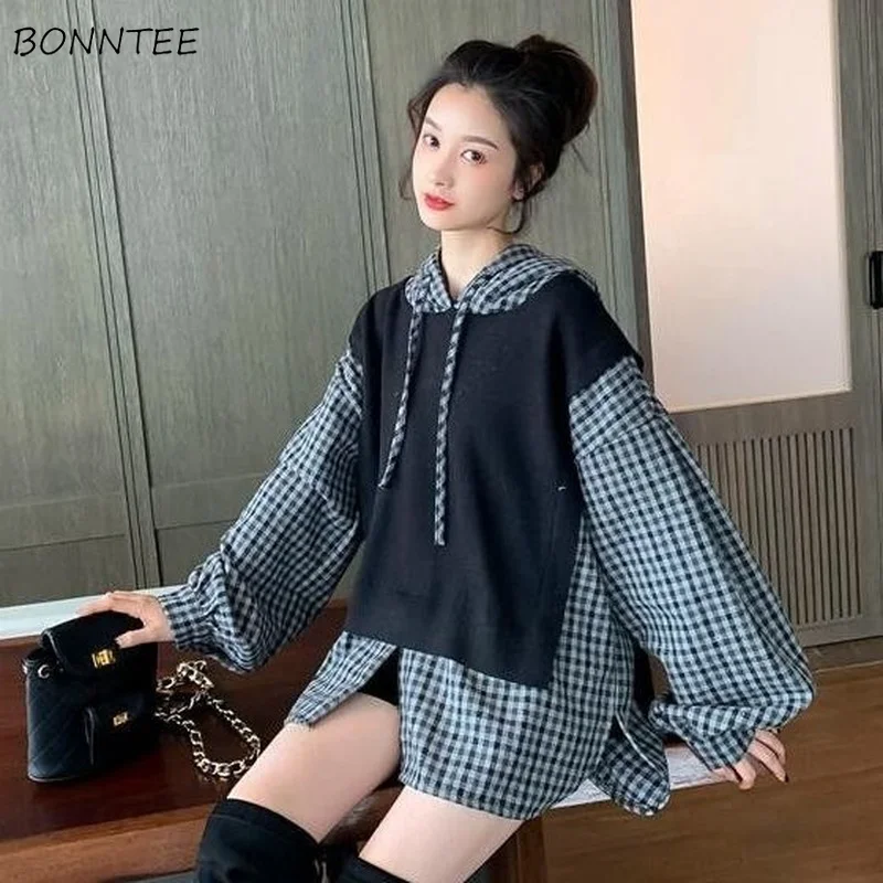 

With Hat Hoodies Women Patchwork Ins Korean Style Vintage Newest Hooded Chic Long Sleeve Clothes Schoolgirl Classic Aesthetic BF