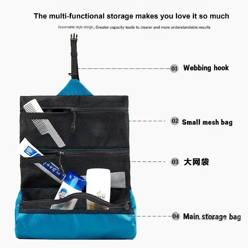 Foldable Hanging Makeup Bag Travel - Waterproof Cosmetic Organizer Pouch with Mesh Pockets,Toiletry Storage Bag Multi Purpose