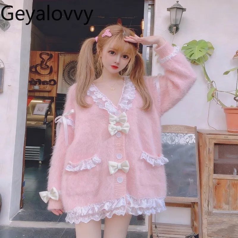 

Новинка Весна 2026: Оригинальный японский милый и красивый кардиган из мохера для девочек, розовый, с V-образным вырезом, бантом и длинными рукавами, вязаный свитер