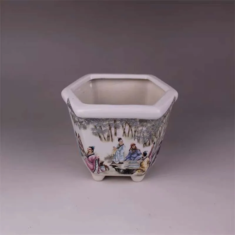 Chinese Famille Rose Porcelain Figure Painting ZhuLinQiXian Design Hexagonal Flowerpot