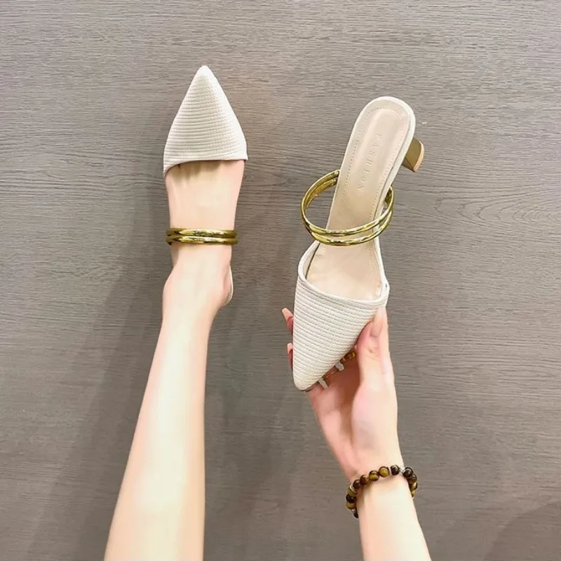 

2026 Summer New Women's Peep Toe High Heel Mules Ankle Strap Pointed Toe Fashion Sandals