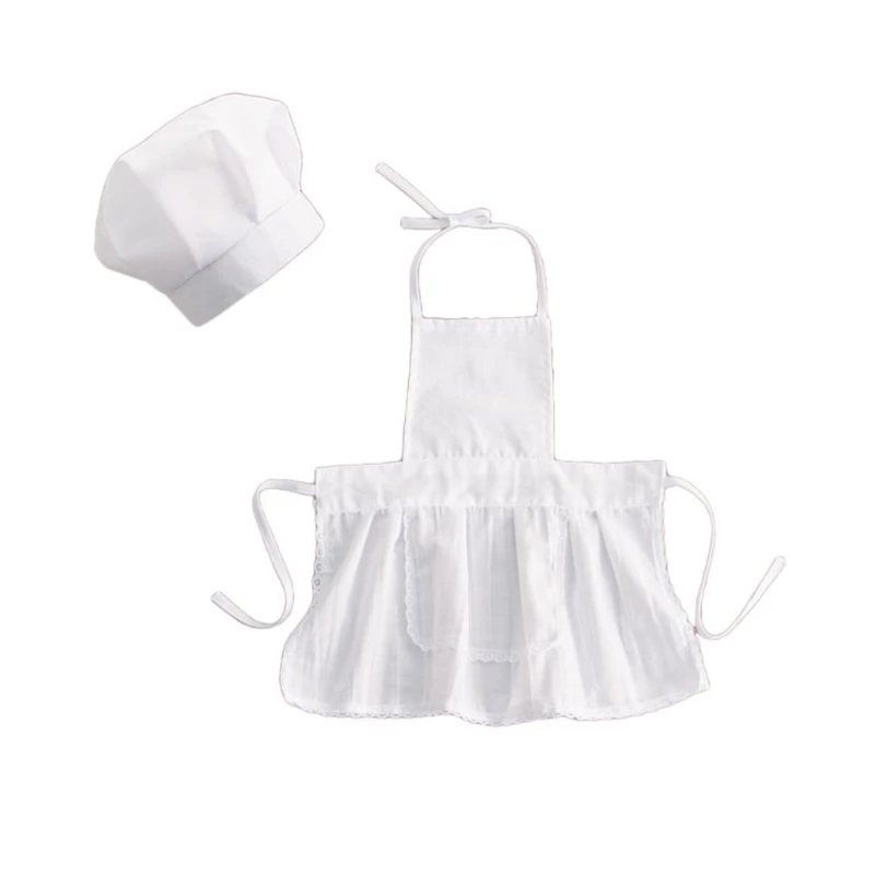 2Pcs Baby Chef Apron and Hat Infant Kid White Cook Costume Baking Painting Cooking Photography Prop