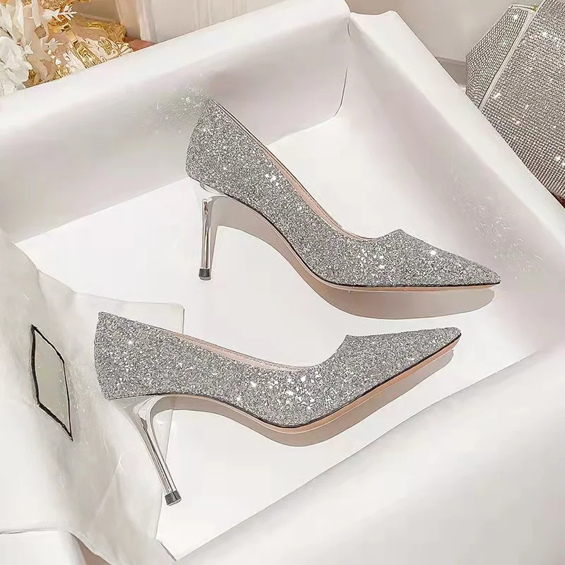 New Pointed Stiletto High Heels Shoes Sexy silver sequins Shallow Mouth Single Shoes Women\'s Work Dress Shoes High Heel Pumps