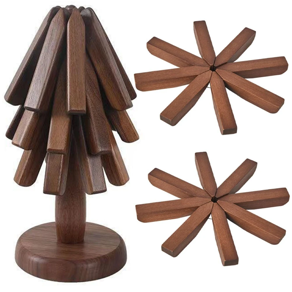 1/2PCS Tree Stand Wooden Trivets for Hot Dishes Folding Tree Shape Black Walnut Table Mat Holders Coaster Wood Placemats Pot