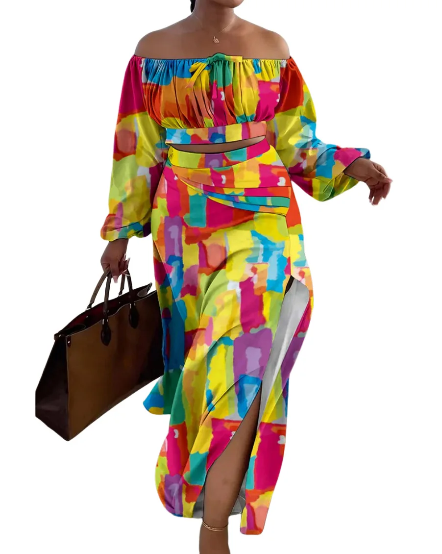 Chamliforve 2 Piece Sets Womens Outfits Casual Off The Shoulder Split Holiday Dress Two-piece Set