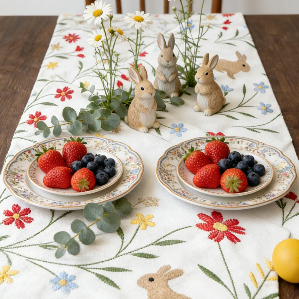 BUYNOW 1PC Floral Rabbit Embroidered Table Runner Pastoral Fresh Cottage Easter Kitchen Dining Dust Cover