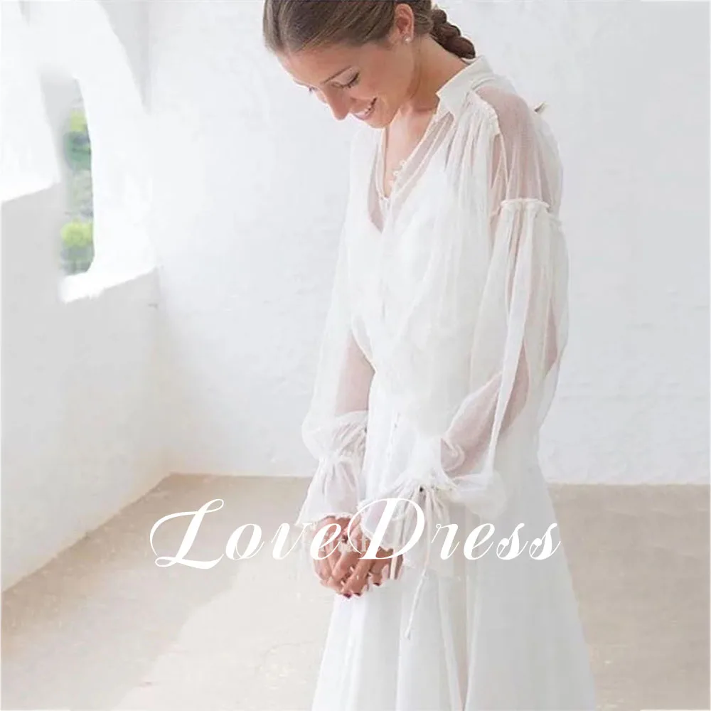 Boho V-Neck Wedding Dress Chiffon A Line Long Sleeve Illusion Floor Length Bridal Dressing Gown White Bride Dresses 2024