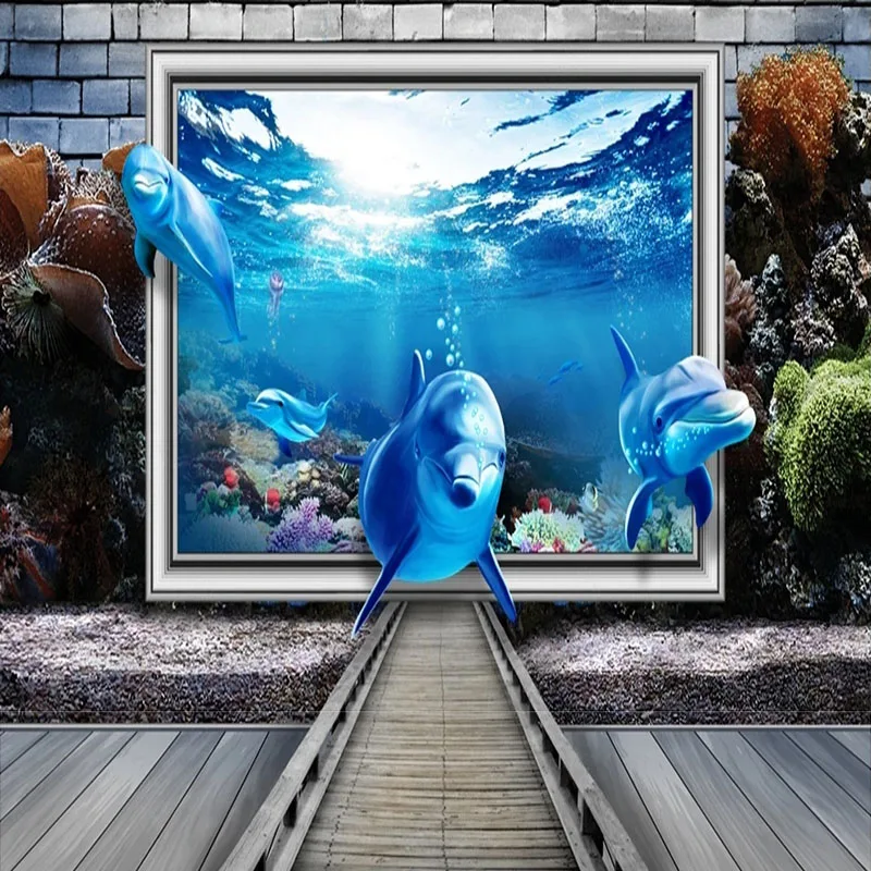 Photo Wallpaper 3D Ocean Dolphin Backdrop Children's Room Self-Adhesive Waterproof Wall Sticker Home Decor Art Tapety