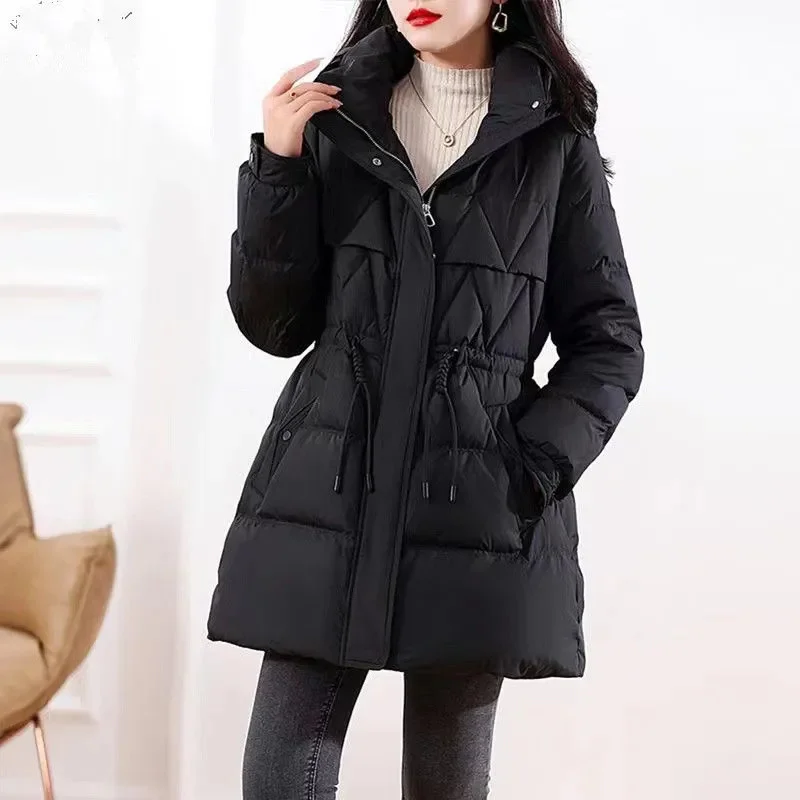 レディースロングスリムフィット2024冬新作ファッショナブル厚手コットンジャケット、ウエストシェイプダウンコットンジャケット、フード付きジャケット
