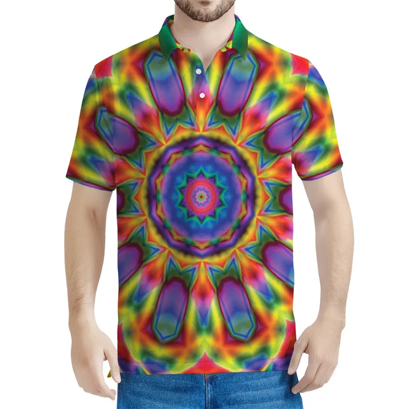 Vintage 3D Printed Psychedelic Polo Shirt For Men Kaleidoscope Pattern Short Sleeves Summer Lapel Tees Casual Button POLO Shirts