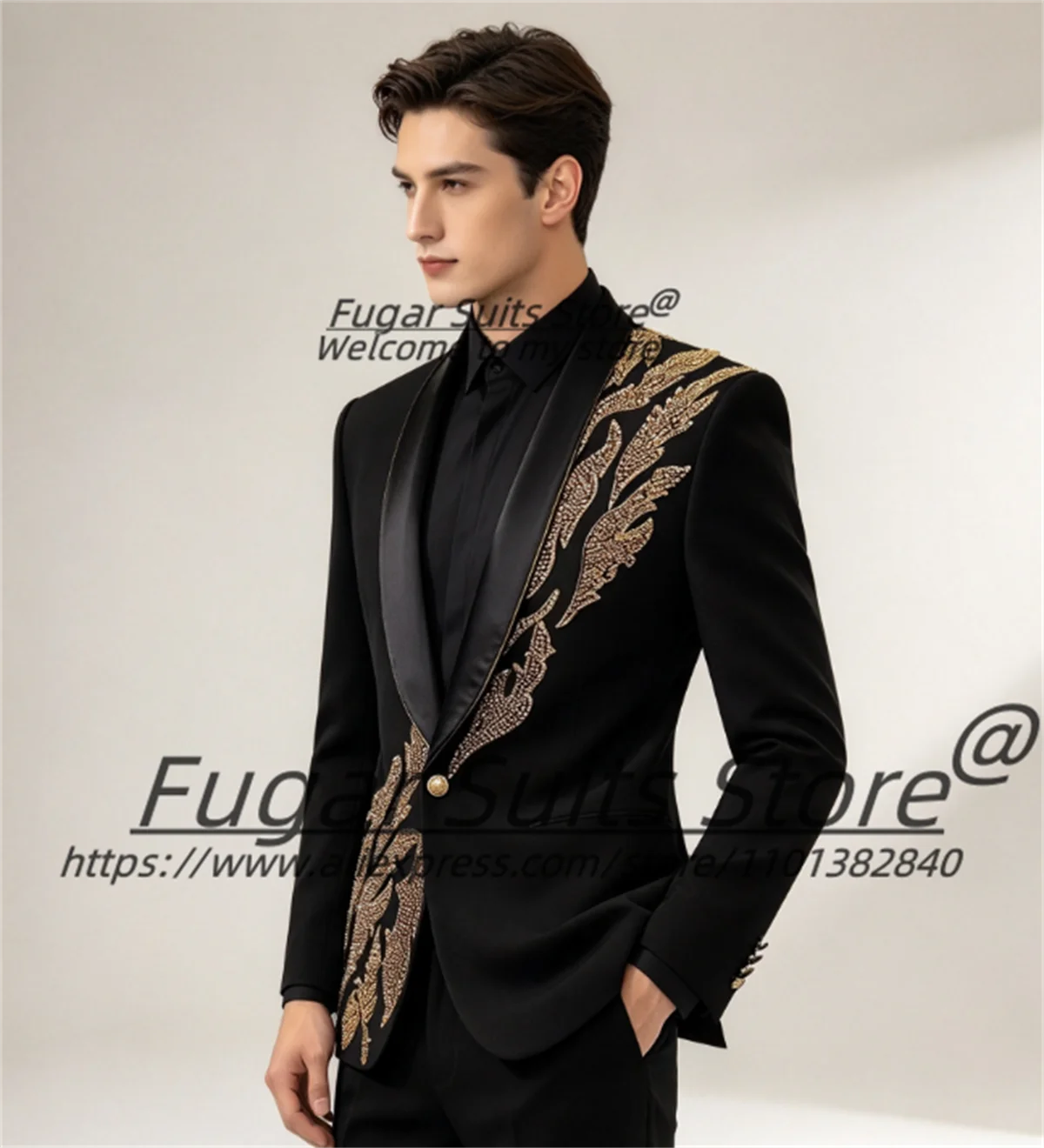 Shiny Black Shawl Lapel Men Suits Customized Golden Sequin Embroidery Groom Wedding Tuxedos 2 Pieces Sets Prom Costume Homme